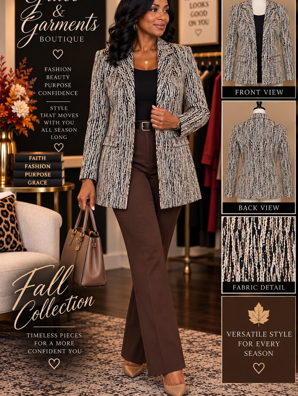 Chic Textured Longline Blazer – Neutral Abstract Print
